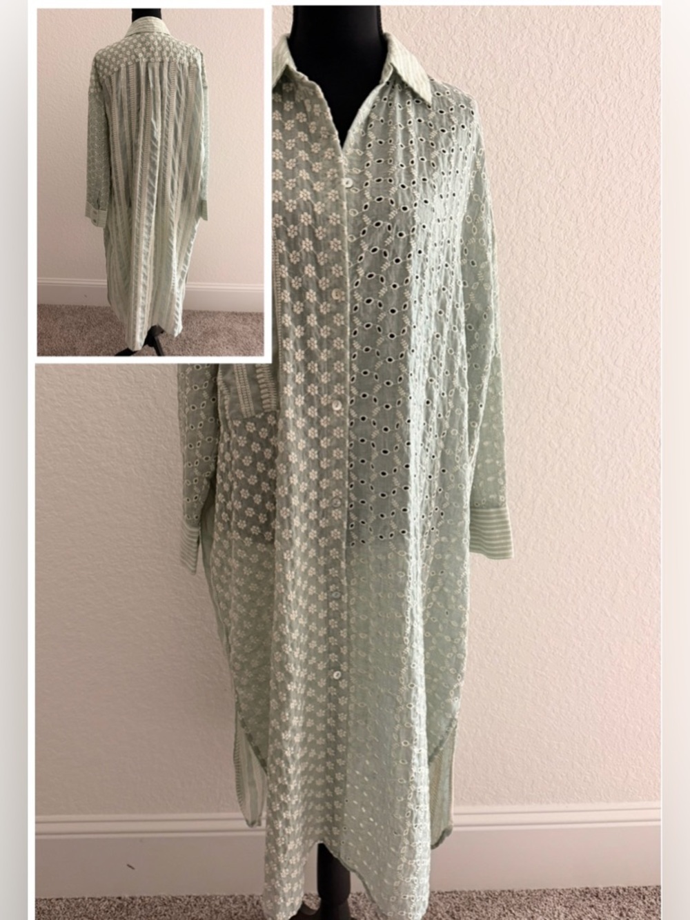ZARA 100% Cotton Patchwork Shirt Dress | Embroidered Eyelet Collared